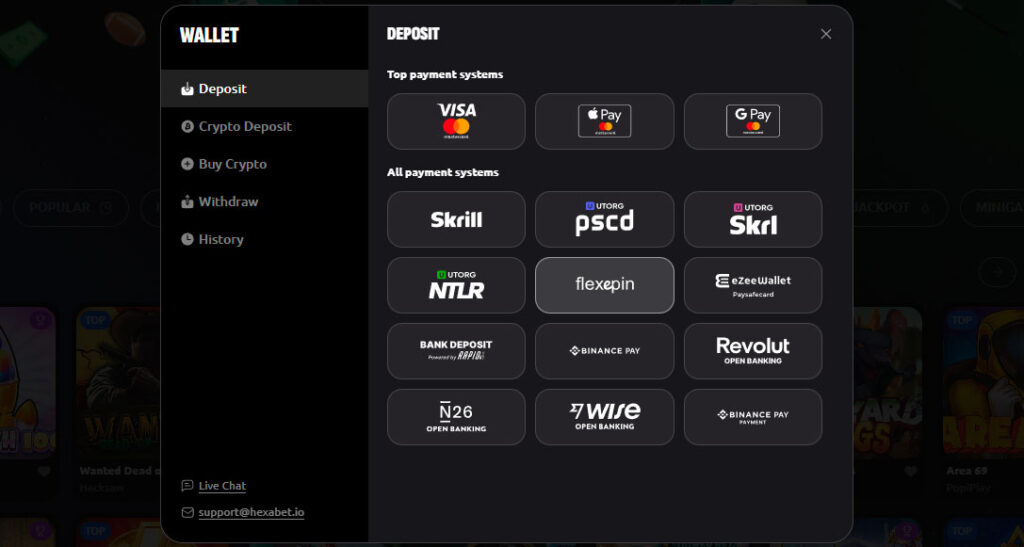 hexabet-casino-payment-methods