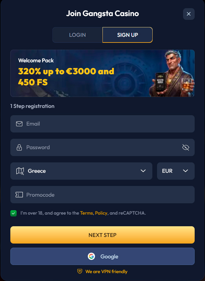 sign up gangsta casino